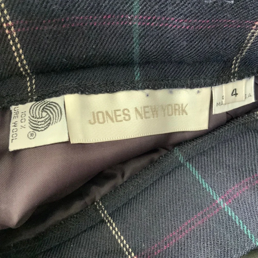 Jones New York Vintage 100% Pure Wool Plaid Pleated Midi Skirt Navy Blue Size 4